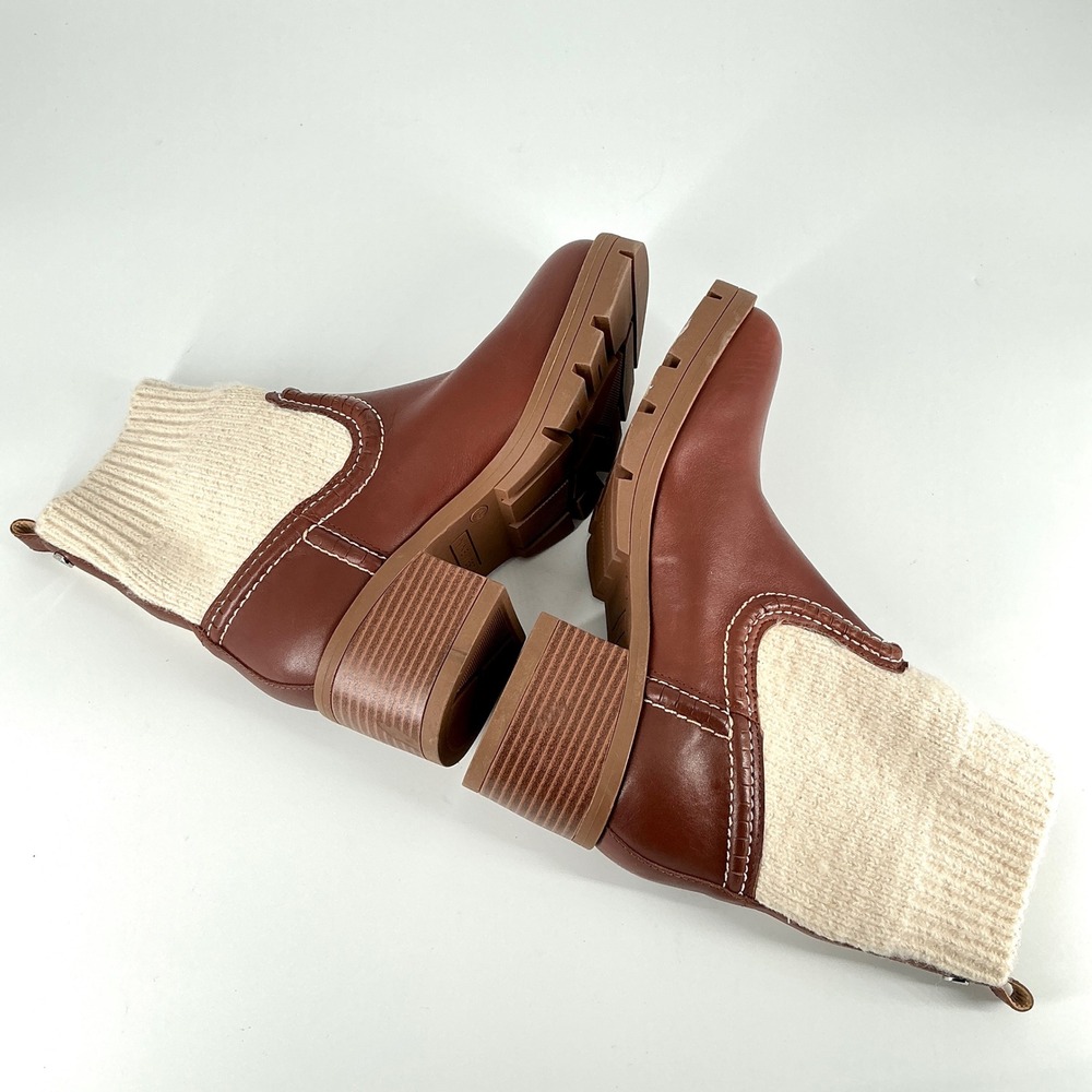Nine West Size 7.5  Brown Leather Knit Lug Sole Ankle Boots Popit Stacked Heel - Picture 11 of 16